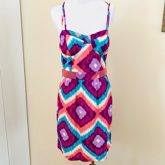 AEO American Eagle Outfitters Dress Mini Cocktail Aztec Strappy Sz 6 Purple Pink - Picture 3 of 11